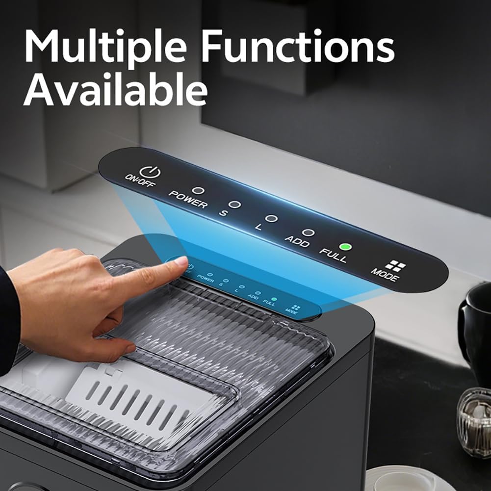 Fabricante de hielo Nugget, máquina de hielo de encimera de 9 pcs/6 minutos con canasta y pala, auto limpieza, cubo de hielo de 2 tamaño, para bar de casa, encimera de cocina, vehículos recreat black
