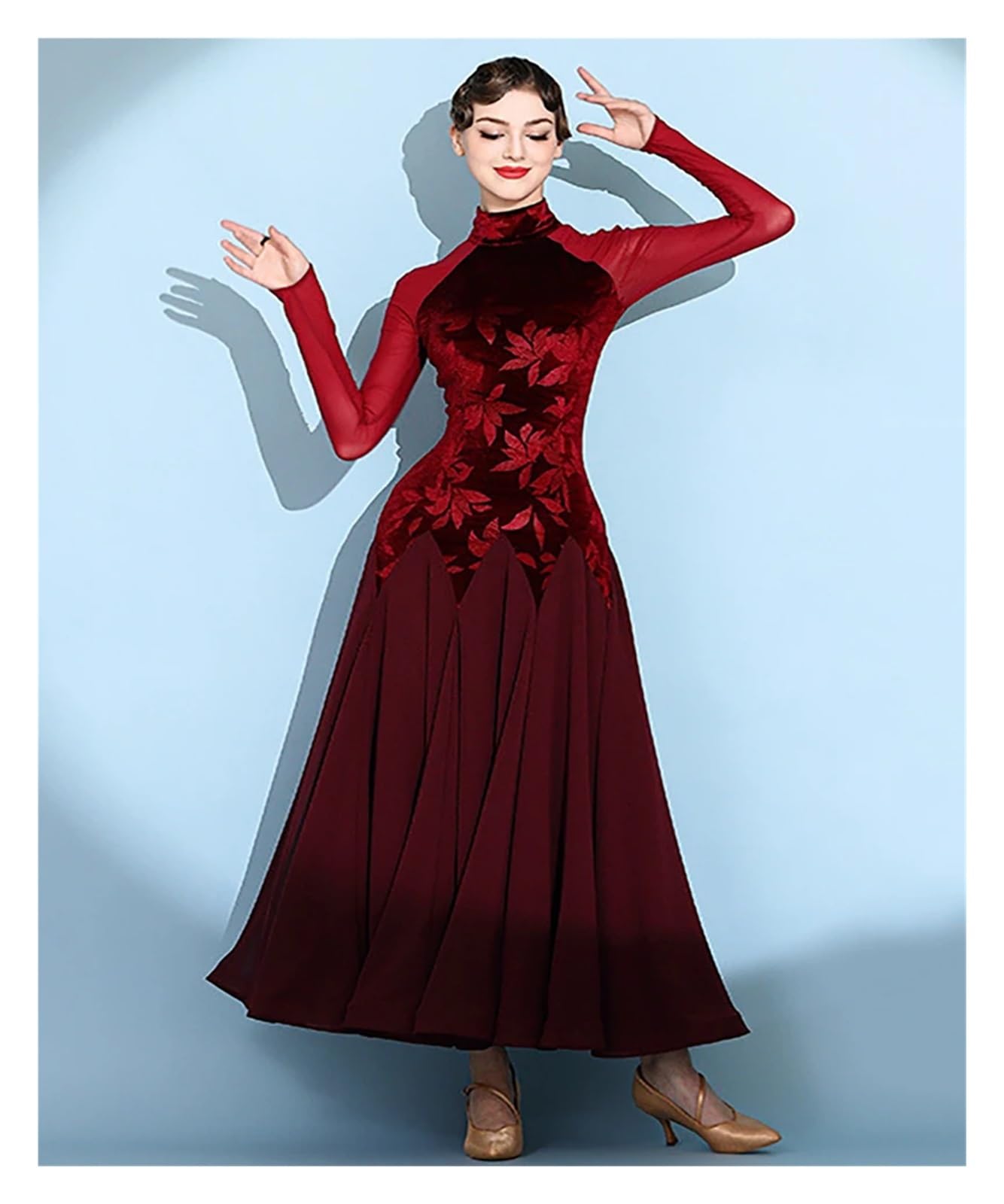 Tanzkleid Damen Ballroom Dance Damen Modern Dancewear Print Samt Mesh Walzer National Standard Social Practice Dress Gesellschaftstanz-Wettbewerbskleider