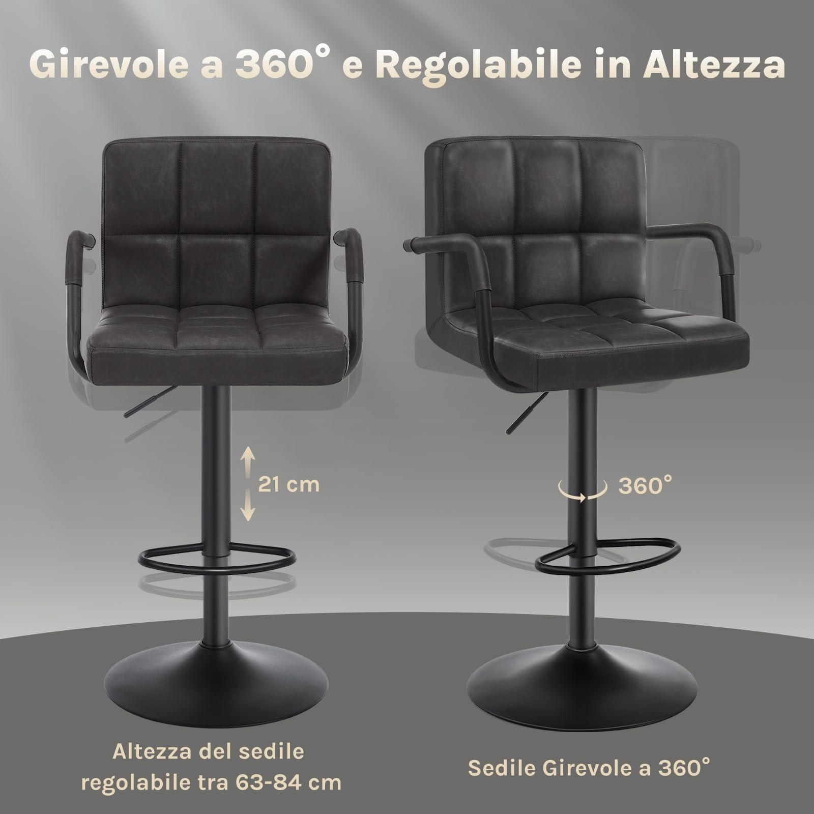 WOLTU Coppia Sgabelli da Bar, Sgabello Cucina con Schienale Braccioli, Altezza Regolabile, Sedia Girevole per Isola Cucina, Ristorante, Pelle sintetica Vintage, Antracite