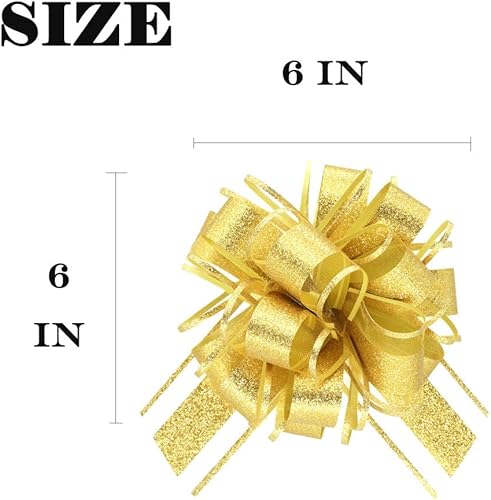 Miniatura 3 de WEWILUCK Lazos para envolver regalos, lazos dorados con purpurina para cumpleaños, Navidad y Año Nuevo, 8 lazos de regalo de 6 pulgadas con cinta