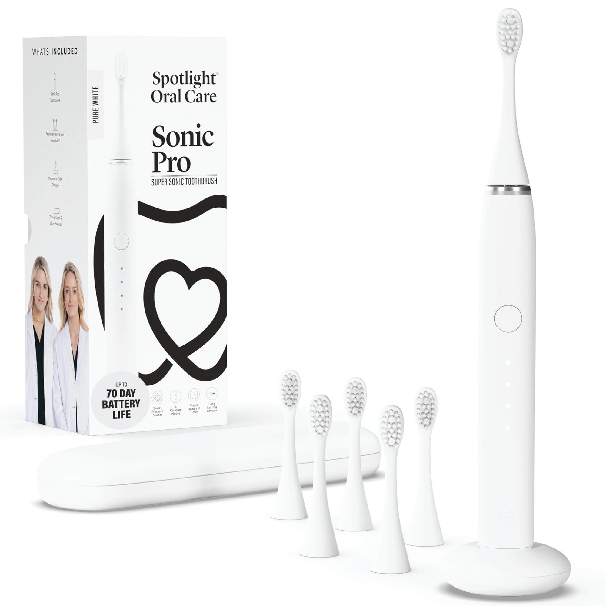Spotlight Oral Care Sonic Pro Electric Toothbrush + 6 Heads (18-Month Supply) – Made by Dentists | Pressure Sensor & 4 Modes | USB-C Charging, 70-Day Battery | Gently Whitens, Sensitive Gums, White-image-24