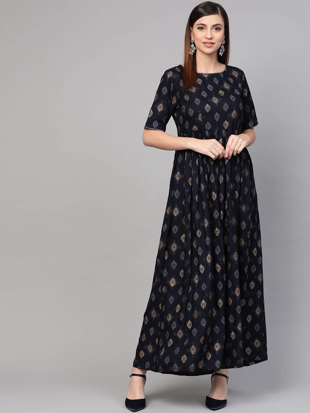 Idalia Navy Blue Gold Pure Cotton 3/4 Sleeve Kurta Set With Dupatta For Women