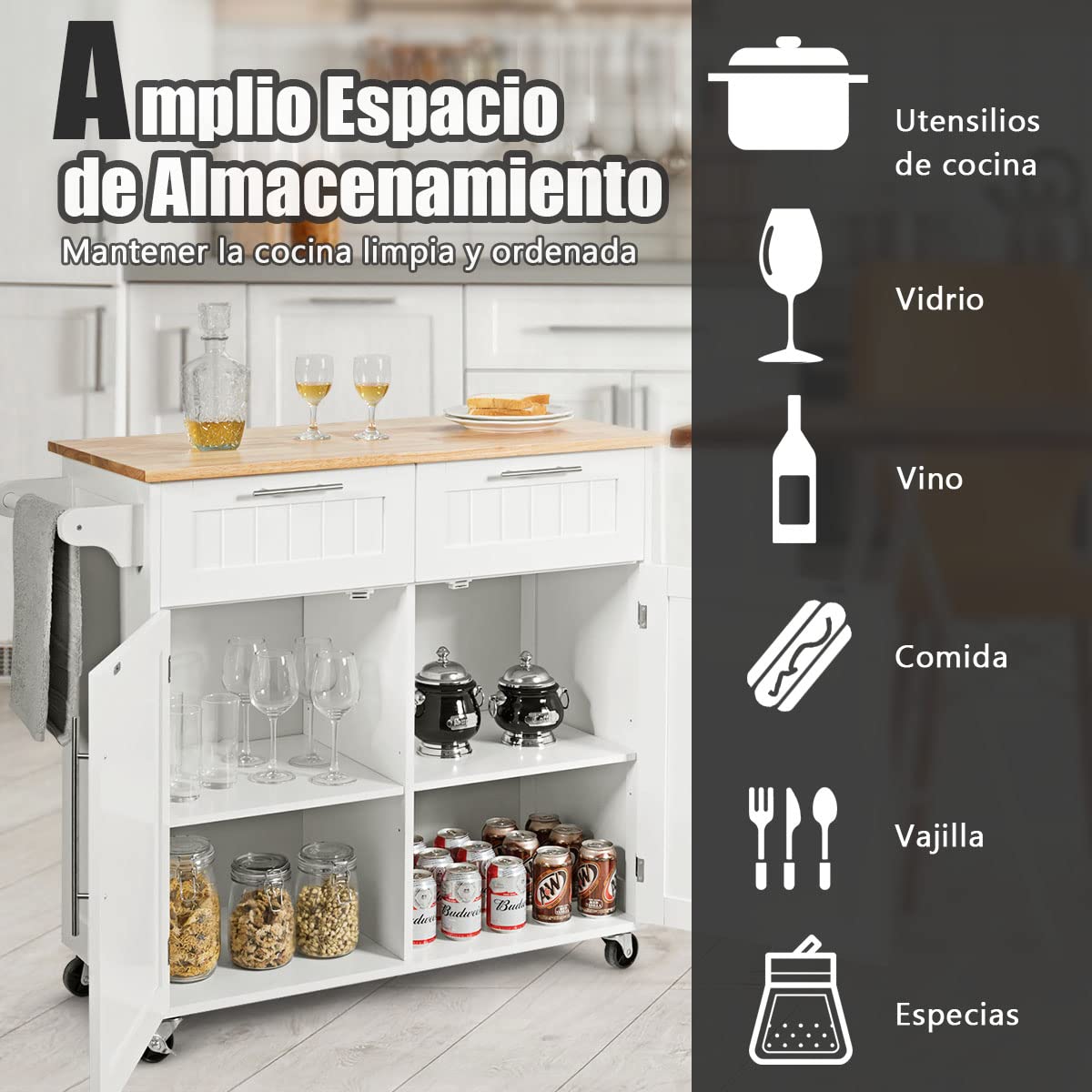 COSTWAY Carrito de Cocina, Carro de Cocina Giratorio con Cajones de Almacenamiento y Grandes Armarios, Carro de Servir, 4 Ruedas Universales y Toallero, 94 x 45 x 94,5cm (Blanco)