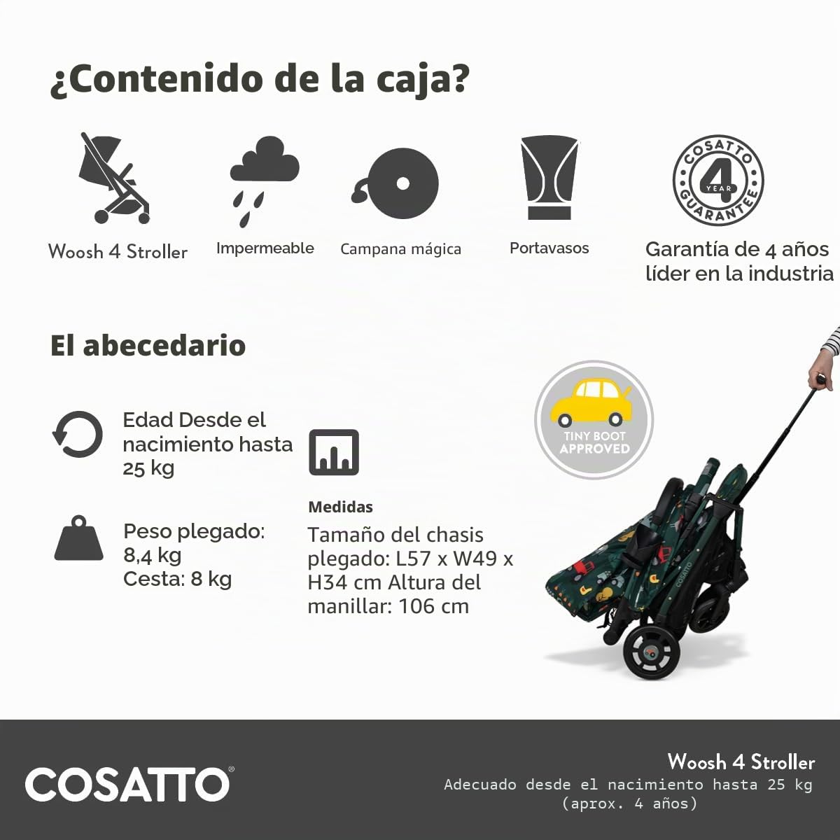 COSATTO Woosh 4 - Cochecito ligero de nacimiento hasta 25 kg, fácil de plegar con una mano, compacto, mango telescópico, cesta de la compra extragrande, portavasos (Old Macdonald)