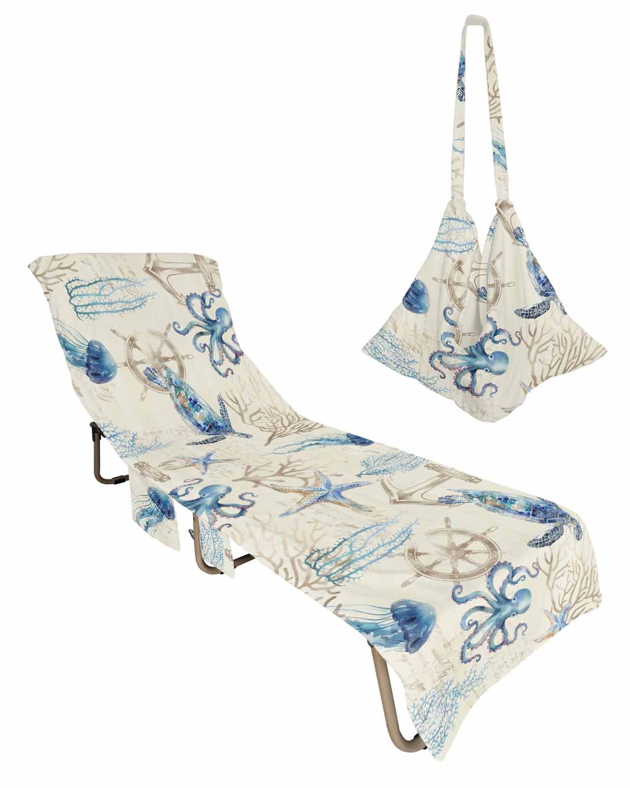 Nautical Coastal Beach Chair Cover with Side Pockets, Microfiber & Quick Dry Pool Chaise Lounge Chair Towels Covers for Sun Sunbathing Patio Garden Hotel, Turtle Octopus Jellyfish Starfish Blue Beige