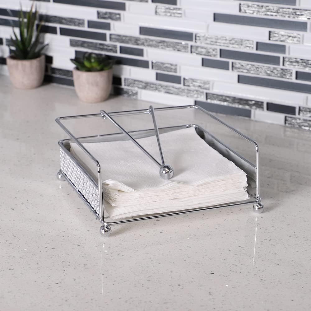 Home Basics Pave Flat Steel Napkin Holder with Weighted Pivoting Arm, Chrome | Raised Feet | Open Design | Hold Napkin Securely in Place 7 x 7 x 3.5
