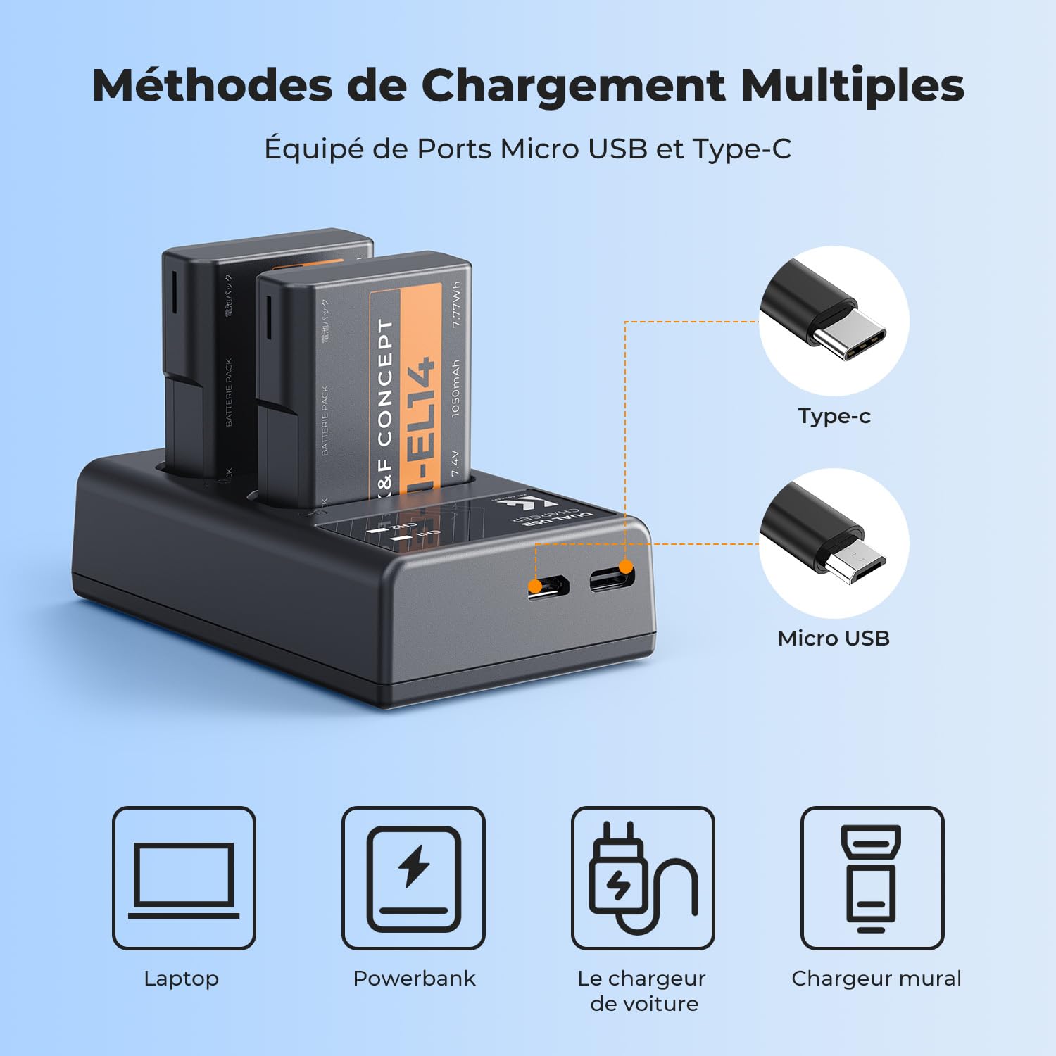 K&F CONCEPT EN-EL14 Batterie et Chargeur avec Double Fente Compatible avec Nikon D3500 D5600 D3200 D3300 D3400 D5500 Coolpix P7800 P7700 P7200 P7100 P7000