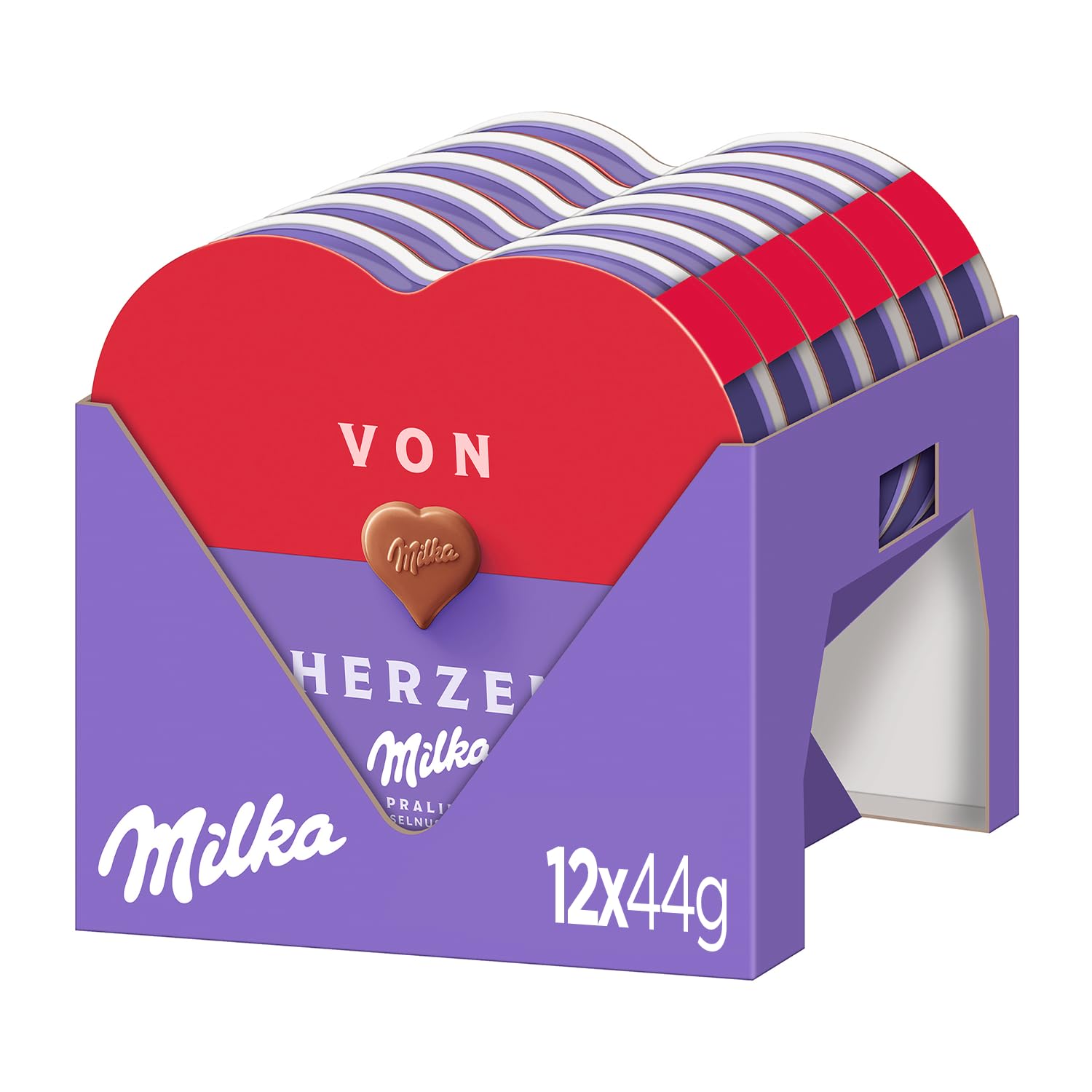 Milka I love Milka Pralinen – Herzförmige Alpenmilch-Schokolade mit feiner Haselnuss-Nougat-Crème-Füllung – 12 x 44g