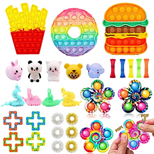 Fidget Toy Pack, Fidget Box with Pop Fidgets Toys Fidget Spinners, Fidget Sensory Toys Set with Fidget Poppers Dimple Spinner, Pop Pack for Kids Girls Boys Stress Relief Party Favors ( 31 Packs)