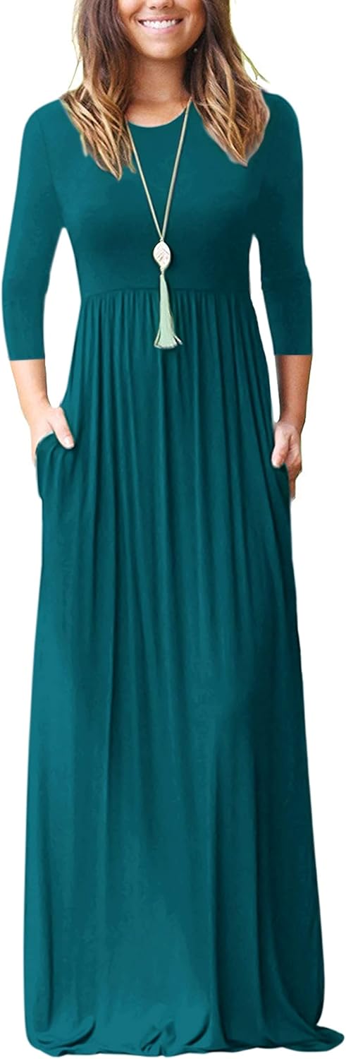 WNEEDU Women's 3/4 Sleeve Casual Loose Long Maxi Dresses with Pocket
