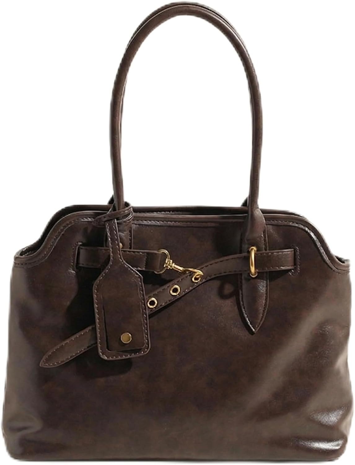 Base'ic Women’s Vintage Style Vegan Leather Crossbody Bag – Multi-Compartment Tote with Adjustable Strap & Belt Detail