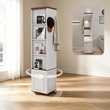 360 Swivel Storage Cabinet with HD Anti-Distortion Mirror, 66" Sideboard Cabinets with Adjustable Shelf, Stylish Organizer with Durable Construction for Entryway Bathroom, Antique White
