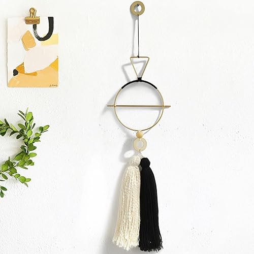 IOWER Decoración de pared bohemia de macramé dorado y negro, arte de pared de latón, bonito arte de pared colgante para el hogar, decoración de