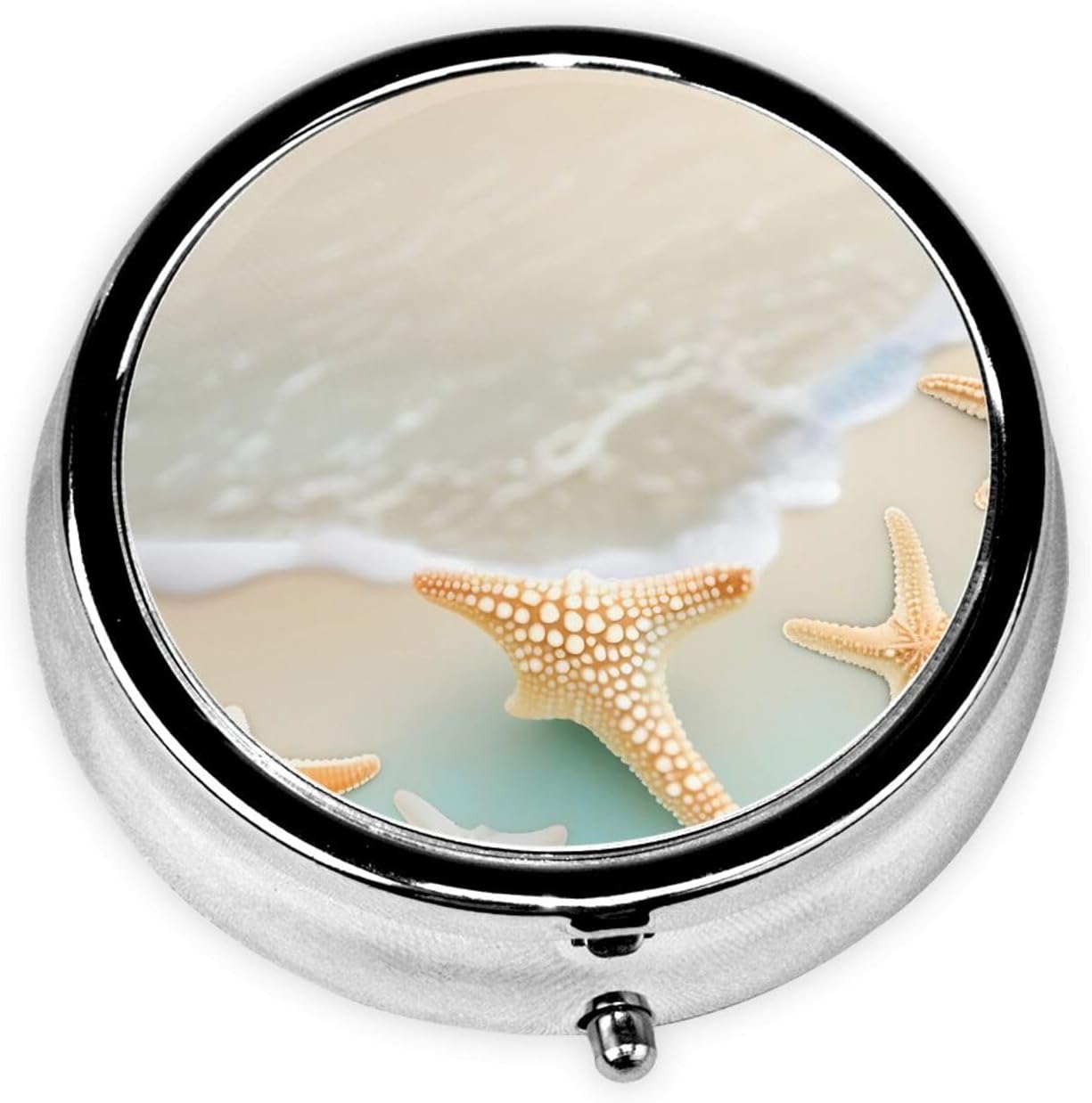 Beach Starfish Round Pill Box – Portable Medicine Storage Container for Vitamins, Supplements, Fish Oil, etc.