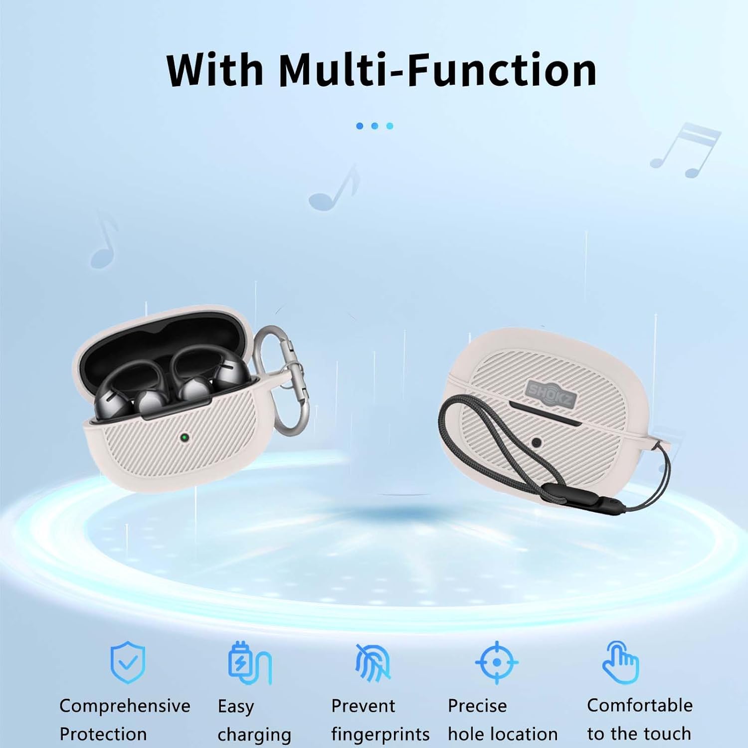 for SHOKZ OpenDots One Case Cover, Earphone Protective Cover(with Carabiner + Lanyard + Cleaning Pen) Drop-Proof,Shock-Proof,Dust-Proof,Protective Case for SHOKZ E310(Off-White) - Image 2