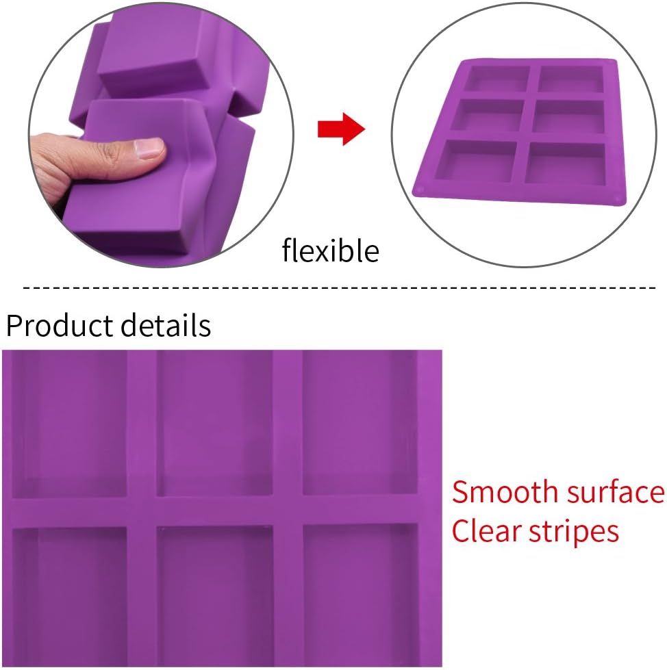 3 PCS Rectangle Silicone Molds, SENHAI 6-Cavity Cake Baking Pans, Biscuit Chocolate Ice Cube Soap Trays - Pink, Blue, Purple