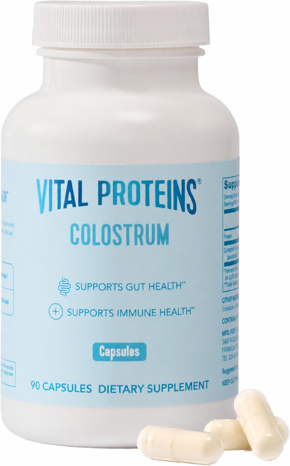 Protéines Vital Bovine Colostrum Supplément 90 Capsules pour Gut Health, Immune Support avec 40% IgG Premium Bovine Colostrum Superfood, Sans saveur, 30 portions