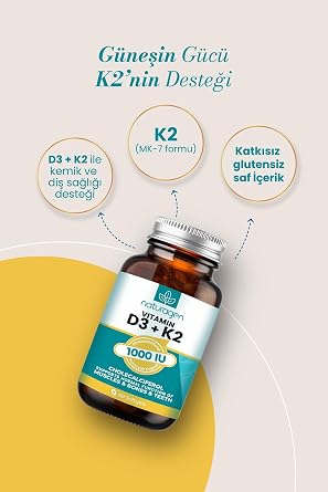Naturagen Vitamin D3 + K2 1000 IU 60 Kapsül | Glutensiz Kolay Yutulabilir Vitamin D3 K2 | 60 Yumuşak Jel Kapsül - 2 Aylık
