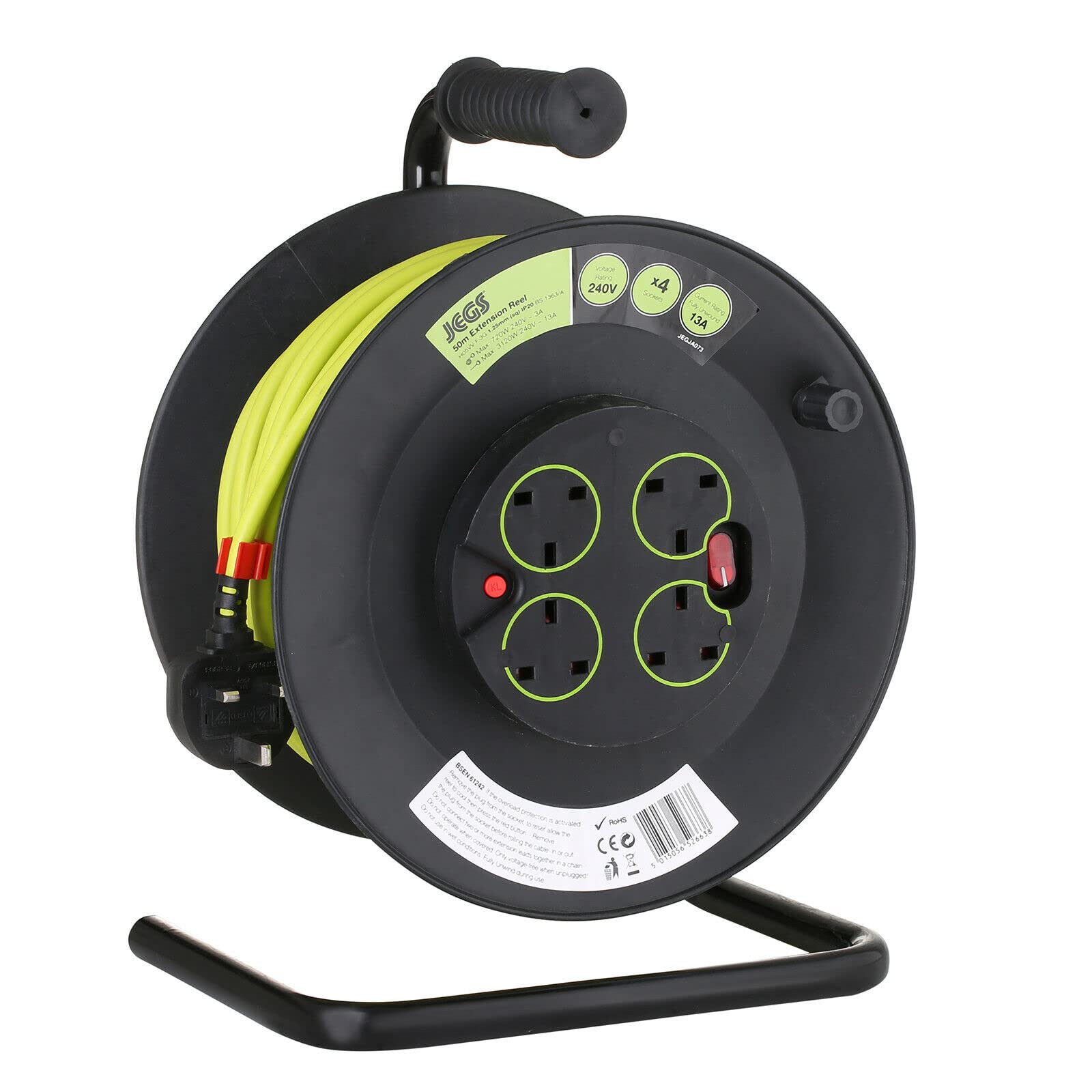 Jegs Four Socket Open Cable Reel Extension Lead with Winding Handle, Thermal Cut Out and Power Switch, Extra Long 50 Metres High Visibility Green Cable