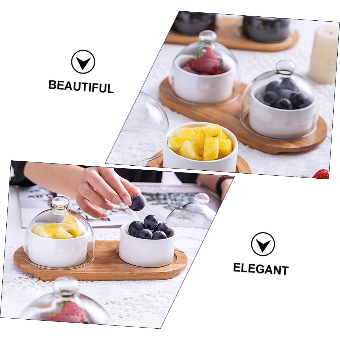 Mikikit 2 Juegos Bol Tapa de Vidrio Transparente y Bandeja Cuenco para Postres Ensaladas y Frutas para Hogar Restaurante y Hotel