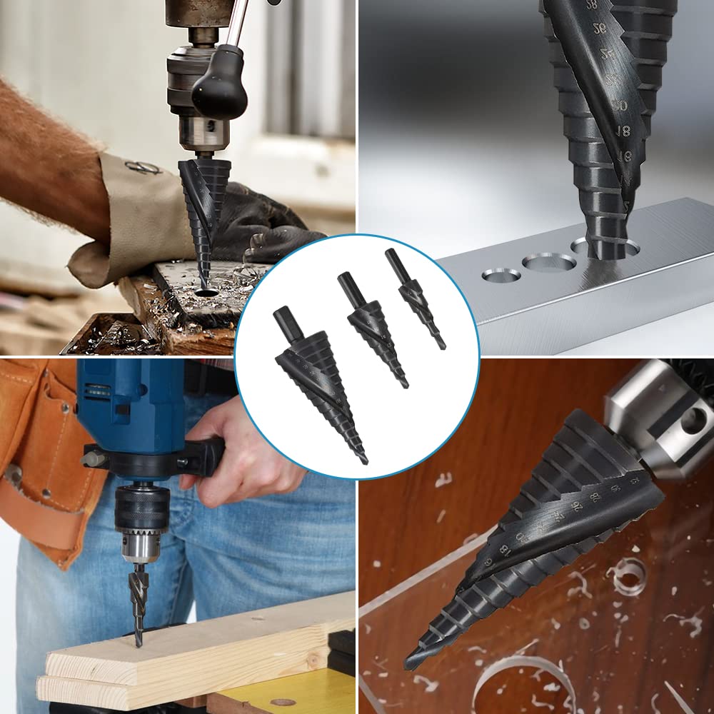 ERWEY 3 Pcs Punte Coniche 4-12/4-20/4-32mm, in Acciaio HSS, Fresa Conica Trapano a Gradini, Buco Cutter a Scalini per Eseguire Foro In Metallo Acciaio Ottone Legno Plastica Ferro