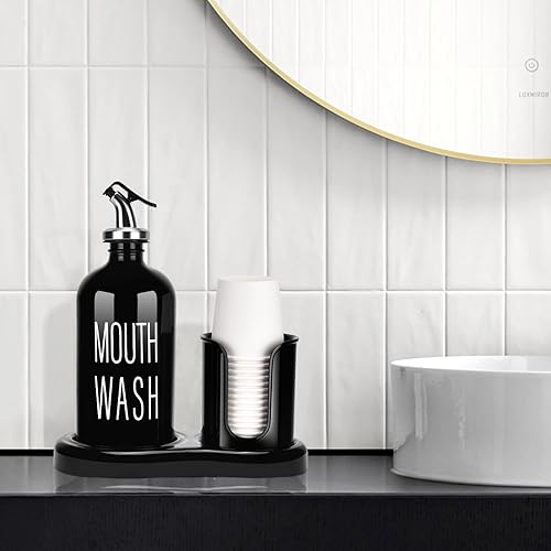 Miniatura 7 de Dispensador de enjuague bucal de vidrio con soporte para tazas, juego de enjuague bucal para baño, contenedor de botella recargable de 16 onzas con