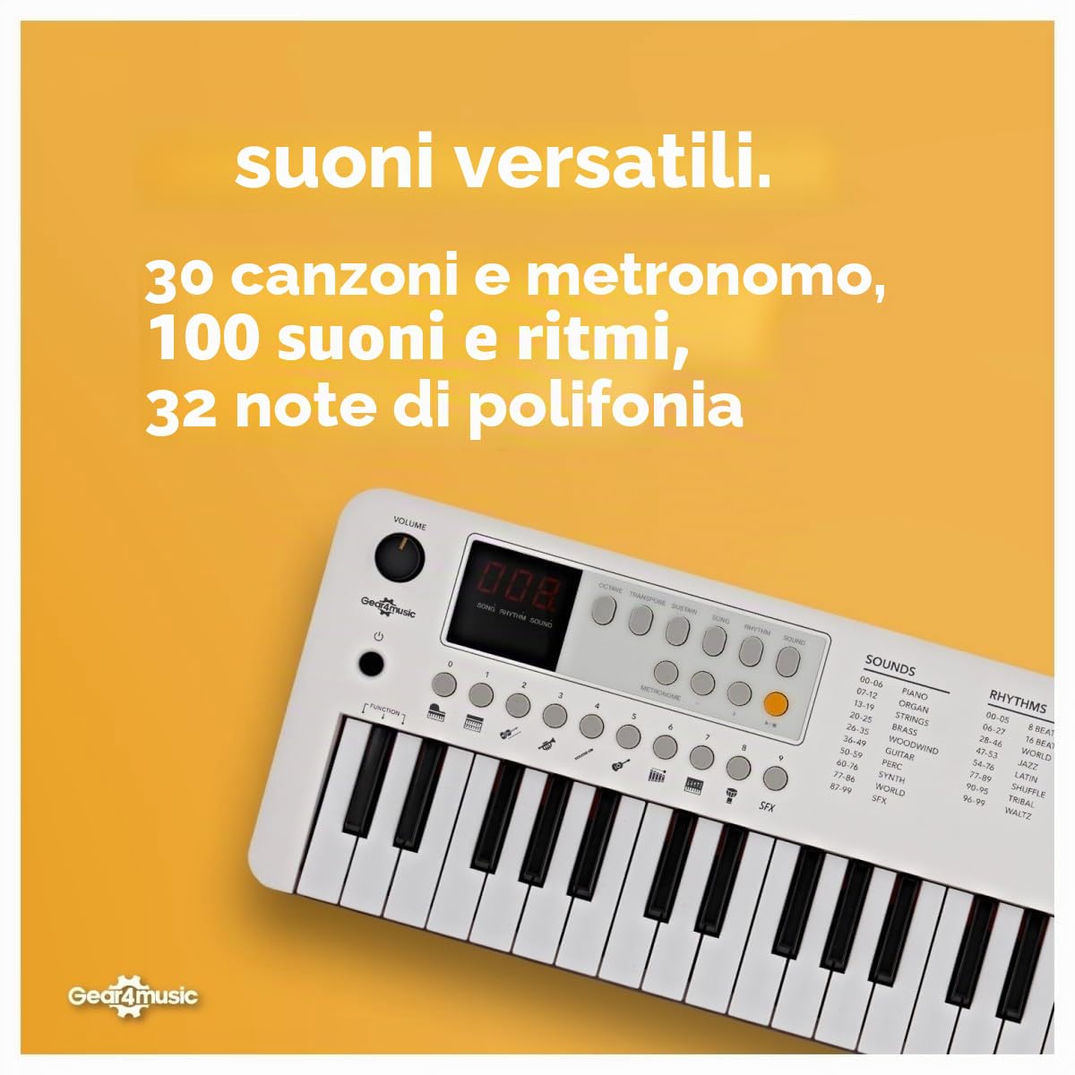 VISIONKEY-1 Mini Tastiera Digitale 37 Tasti per Bambini e Principianti | Piano Elettrico a Mini Tasti su 3 Ottave, 100 Suoni e Ritmi, Uscita Cuffie, USB-C o Batterie, Bianco