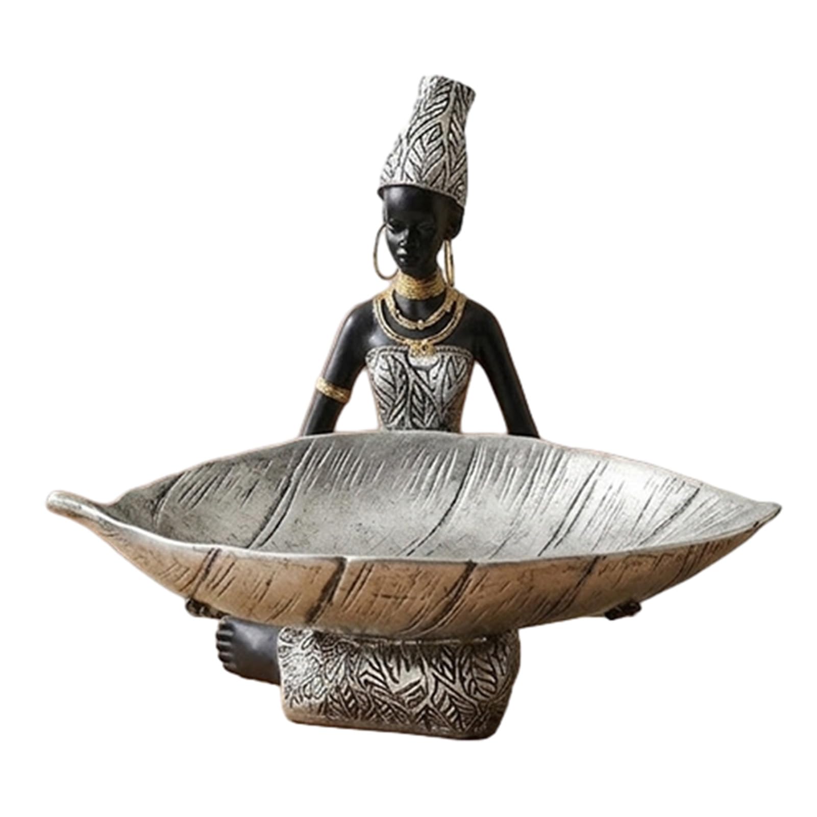 Glifora African Woman Holding Leaf Bowl - Resin Statue Tribal Kneeling Figurine Jewelry Tray, Desktop Decorative Snack Holder for Home Shelf Decor