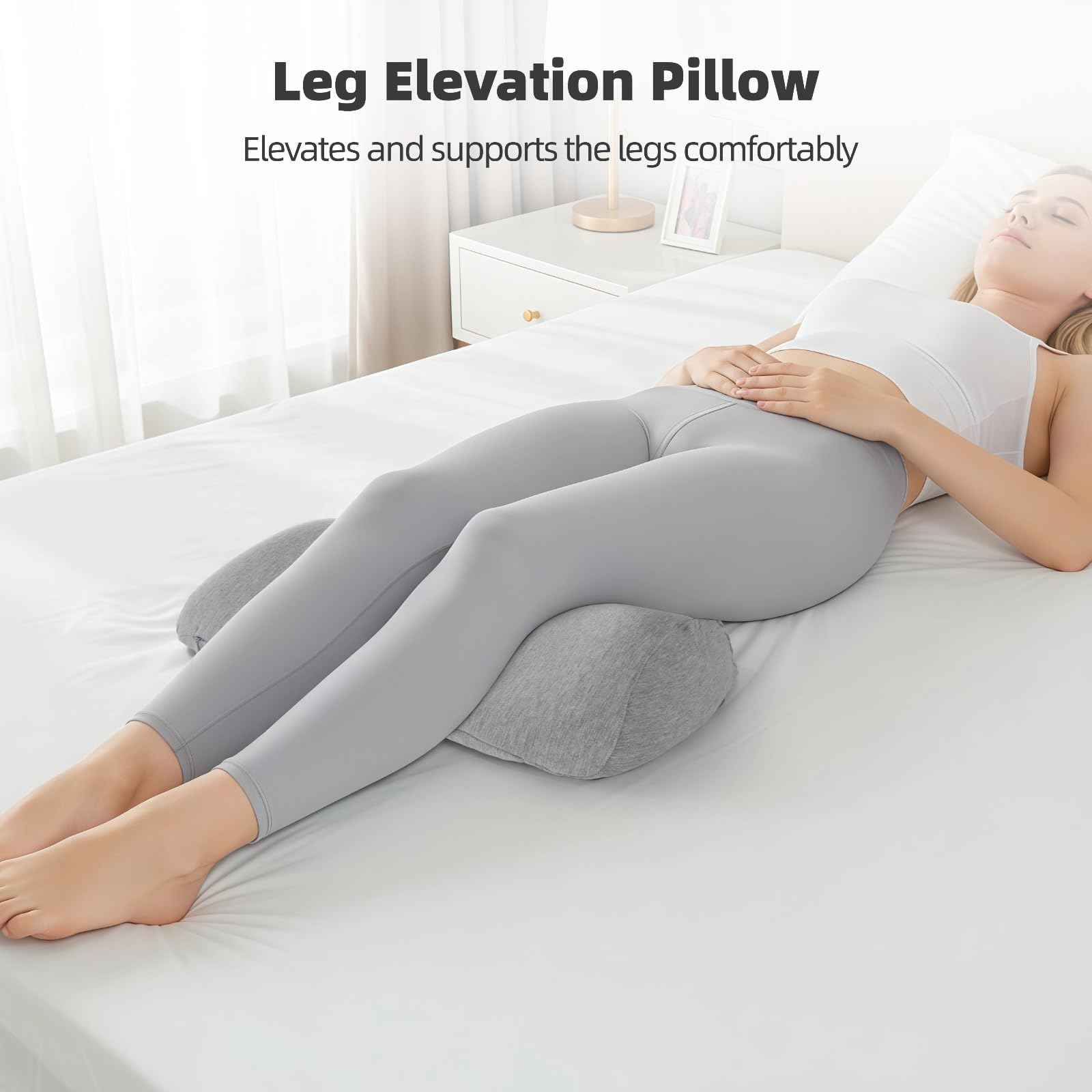 Beinlagerungskissen, Memory Foam Kniekissen zum Schlafen, 55 x 30 x 14,5 cm Venenkissen zum Hochlagern der Beine, bequem, mit abnehmbarem Bezug, Hellgrau