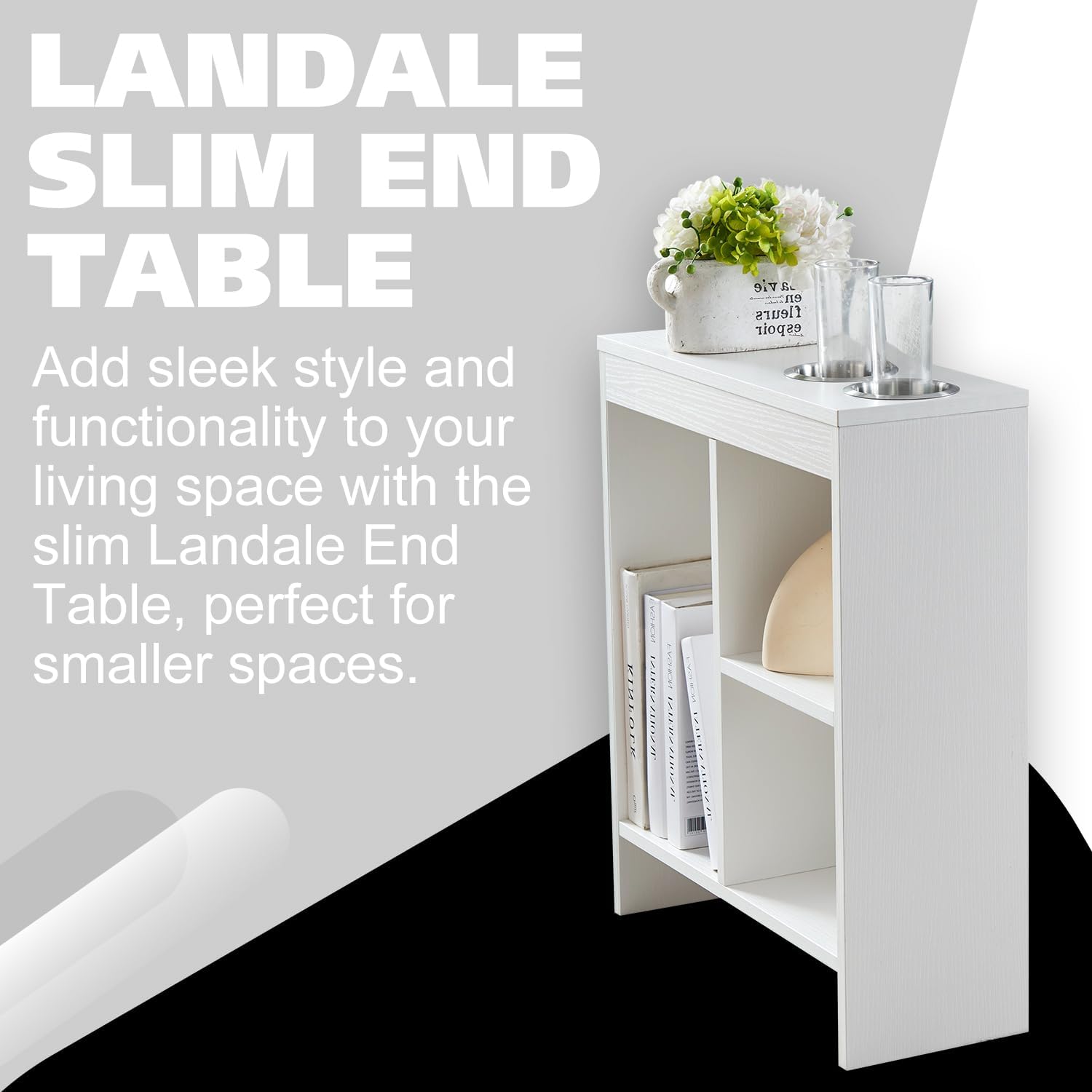 Kings Brand Furniture Narrow Chairside End Table with Pull-Out Tray & Storage Shelves, Slim Wood Nightstand for Bedroom & Living Room – White