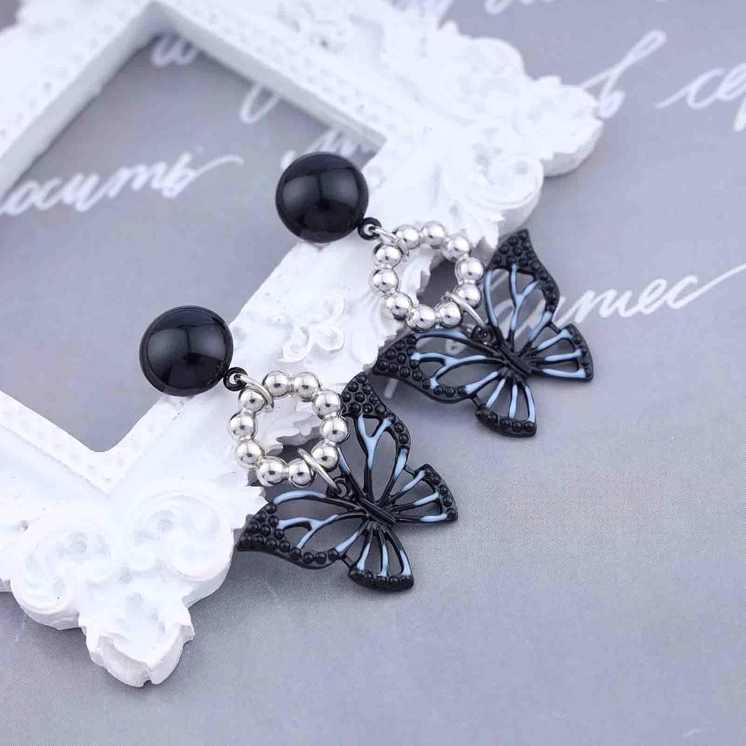 Boho Enamel Butterfly Earrings Black Butterfly Drop Earrings Vintage Onyx Round Stud Earrings Silver Circle Dangle Earrings Jewelry for Women - Image 7