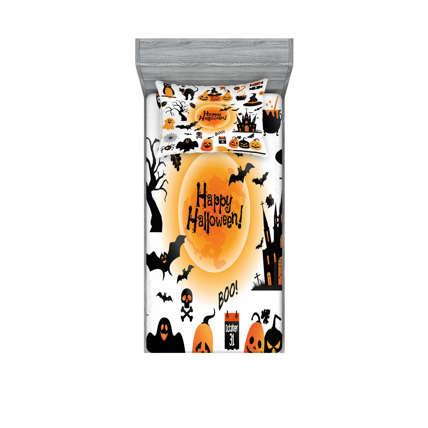 Ambesonne Halloween 2 Pack Fitted Sheet & Pillow Sham Set, Happy Ghost, 4 Pcs Bedding Decor, Package Contains 2 Twin Size Fitted Sheets & 2 Pillow Covers, Orange Black