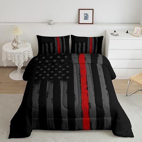 Erosebridal Juego de edredón de bandera estadounidense, juego de ropa de cama con bandera de línea roja, negro, gris, rojo, para hombres, niños y