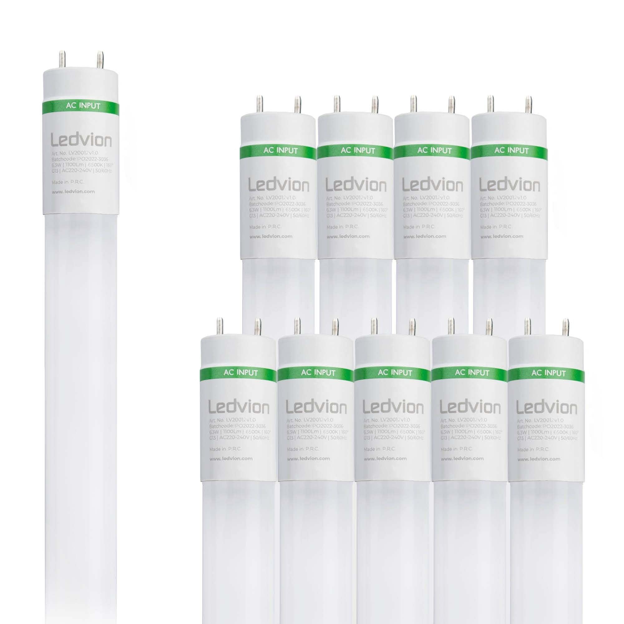 Ledvion - 10X Tubos LED TL, 60CM, 6.3W, 6500K, 175lm/W, Etiqueta Energética C, Incluye Arrancador LED