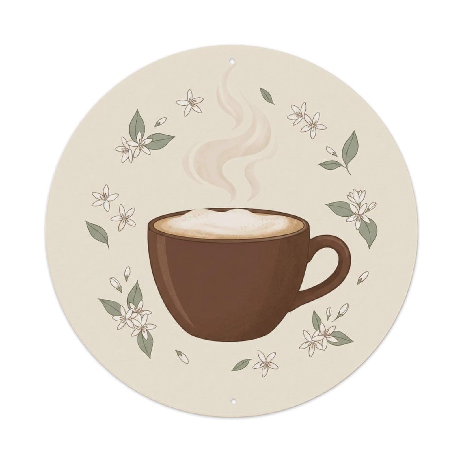 Minimalist Botanical Espresso Coffee Beans Brew Wreath Metal Tin Sign Plaque Wall Decor for Cafe, Man Cave, Club Bar, Office, Home Garden Round Metal Poster 8x8Inch