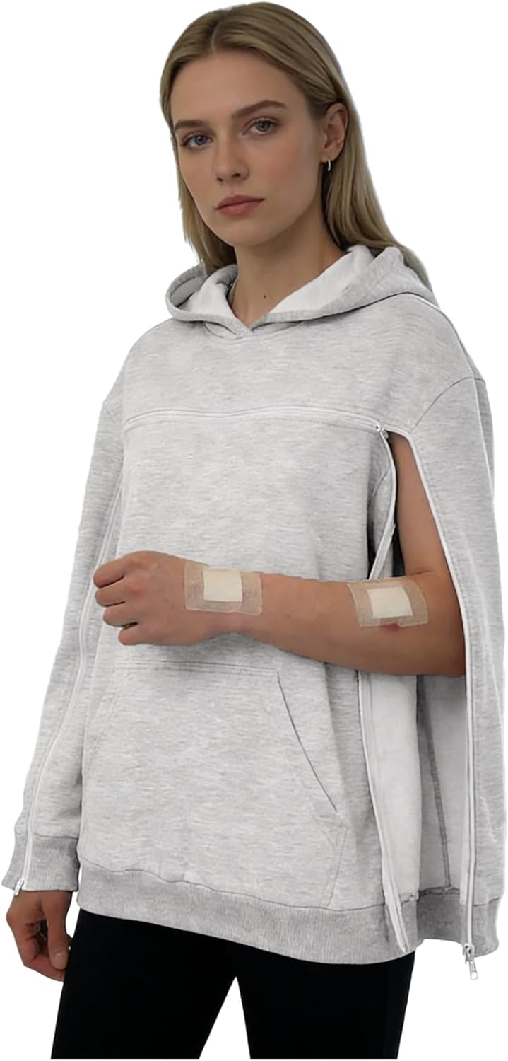 Linjinx Women's Adaptive Clothing Hoodie Fleece-lined Full Arm Chest Access Sweatshirt Post Surgery Recovery Top