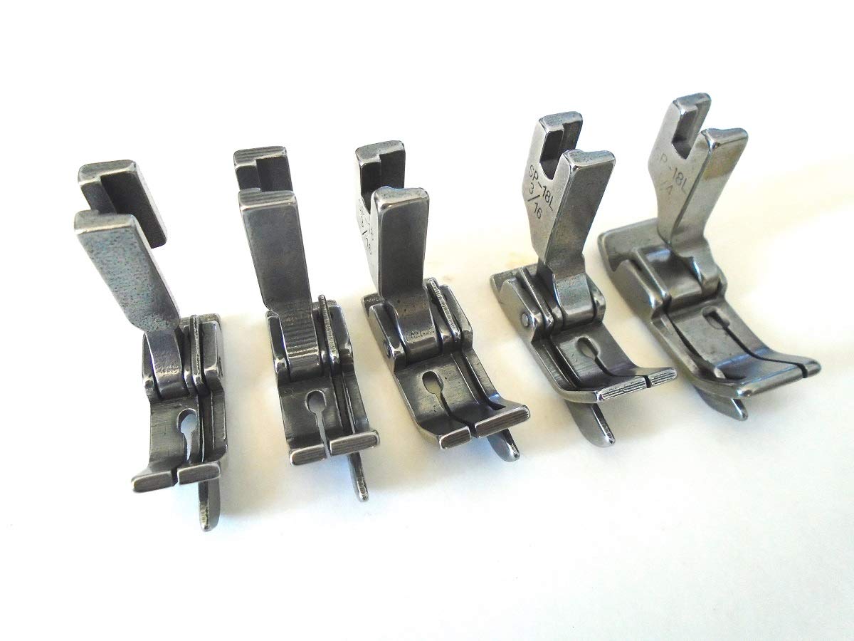 Set of five NGOSEW industrial sewing machine hinged guide presser feet.