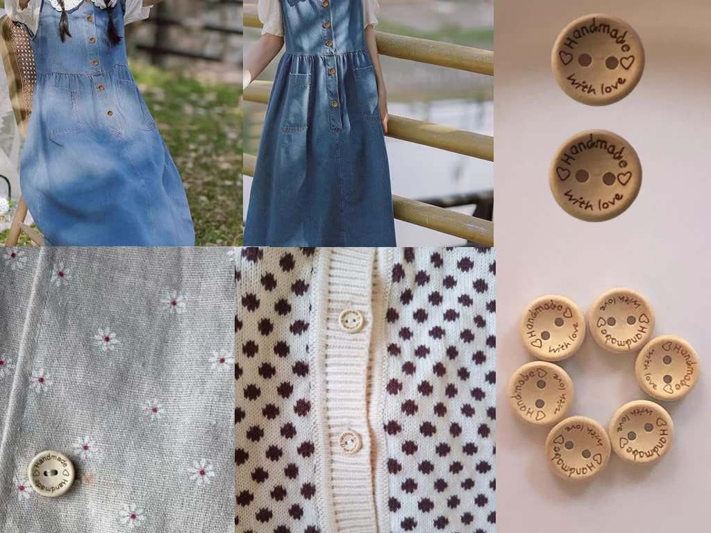 100Pcs Round Handmade Wooden 0.591 in/15mm Button Belt with 2 Holes Wood Sewing Button Crafts Decoration Handmade with Love Handmade Circular Crafts Sewing Decoration