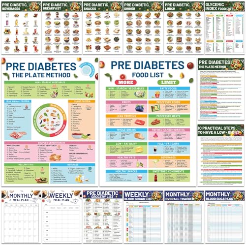 16Pcs Pre Diabetic Food List Poster for Diabetics Food Chart Information Diet Meal Planner High Fiber Protein Vitamin Low Carb Laminated Posters for Blood Sugar Control Weekly Blood Sugar Log Supplies
