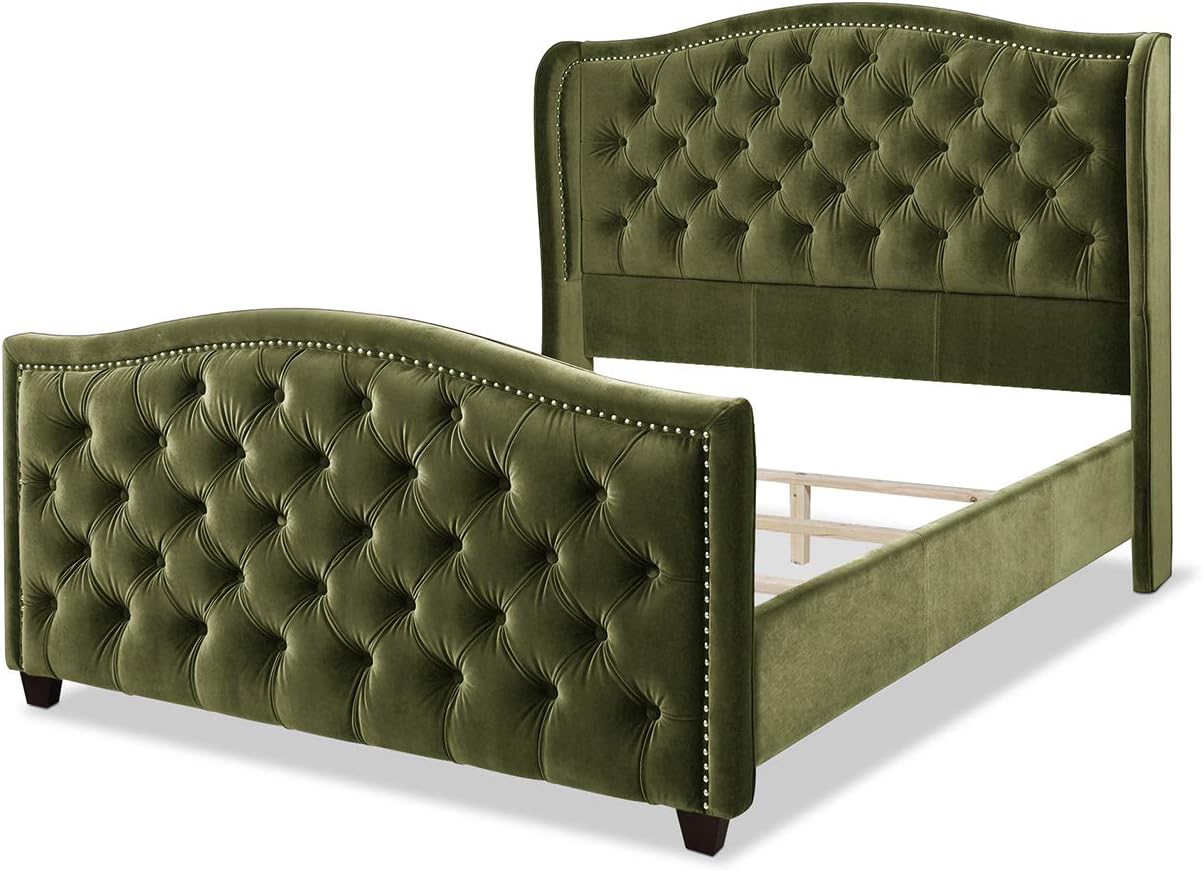 Jennifer Taylor Home Marcella Upholstered Shelter Headboard Bed Set, Queen, Olive Green Performance Velvet