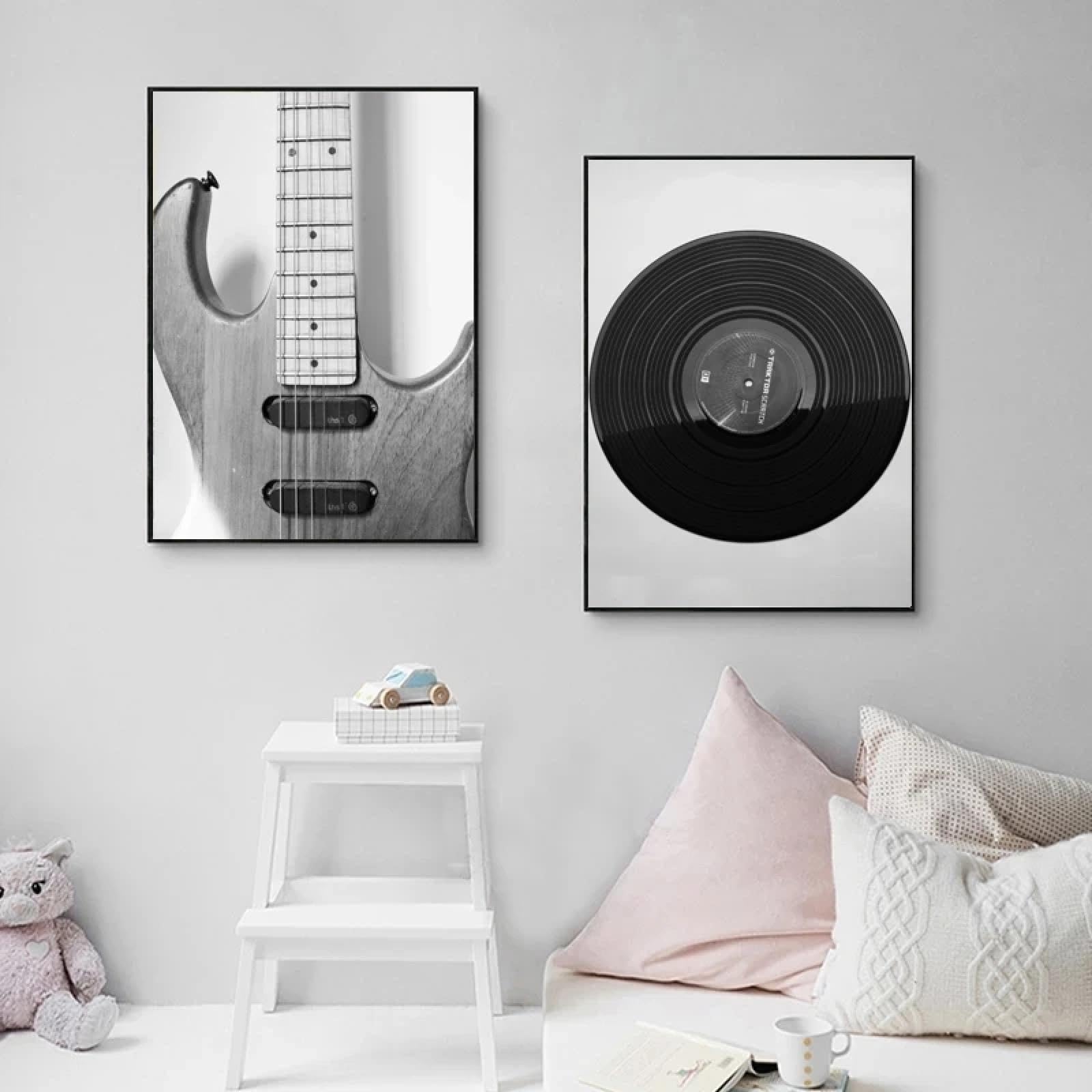 CHAOJIART Retro czarno-biała gitara i płyta CD top muzyka obraz płótno malarstwo plakaty wydruki nordycki wystrój domu sztuka ścienna do salonu 70 x 100 cm (71 x 99 cm) x 3 bez ramy