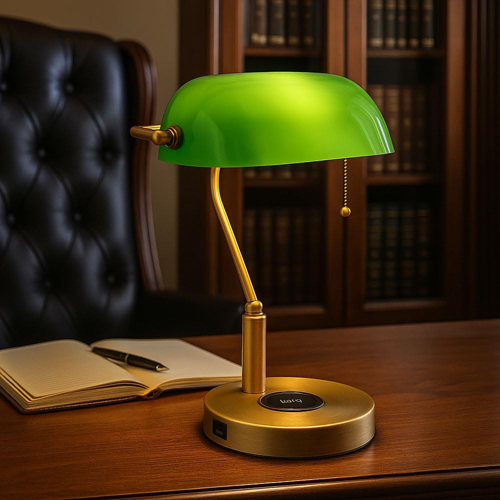 LED Schreibtischleuchte Bankerlampe Tischlampe altmessing Glas grün Leseleuchte, kabelloses Laden USB Anschluss, Zugschalter, 7W 806lm warmweiß, LxH 26,5x36 cm