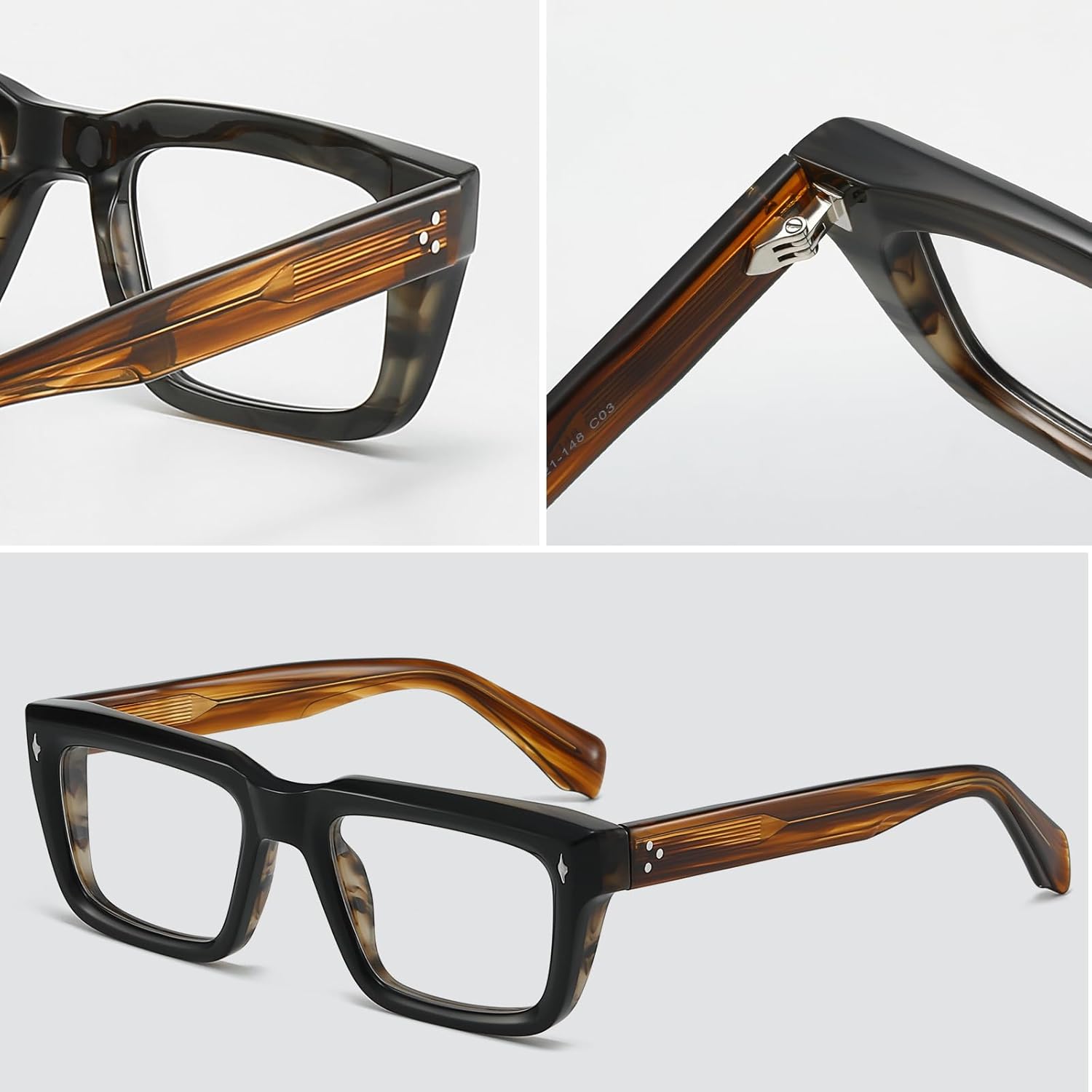 JOLLYNOVA Sutton Retro Rectangle Acetate Thick Glasses Frame Prescription Optical Eyewear for Women Men 53-21-148mm