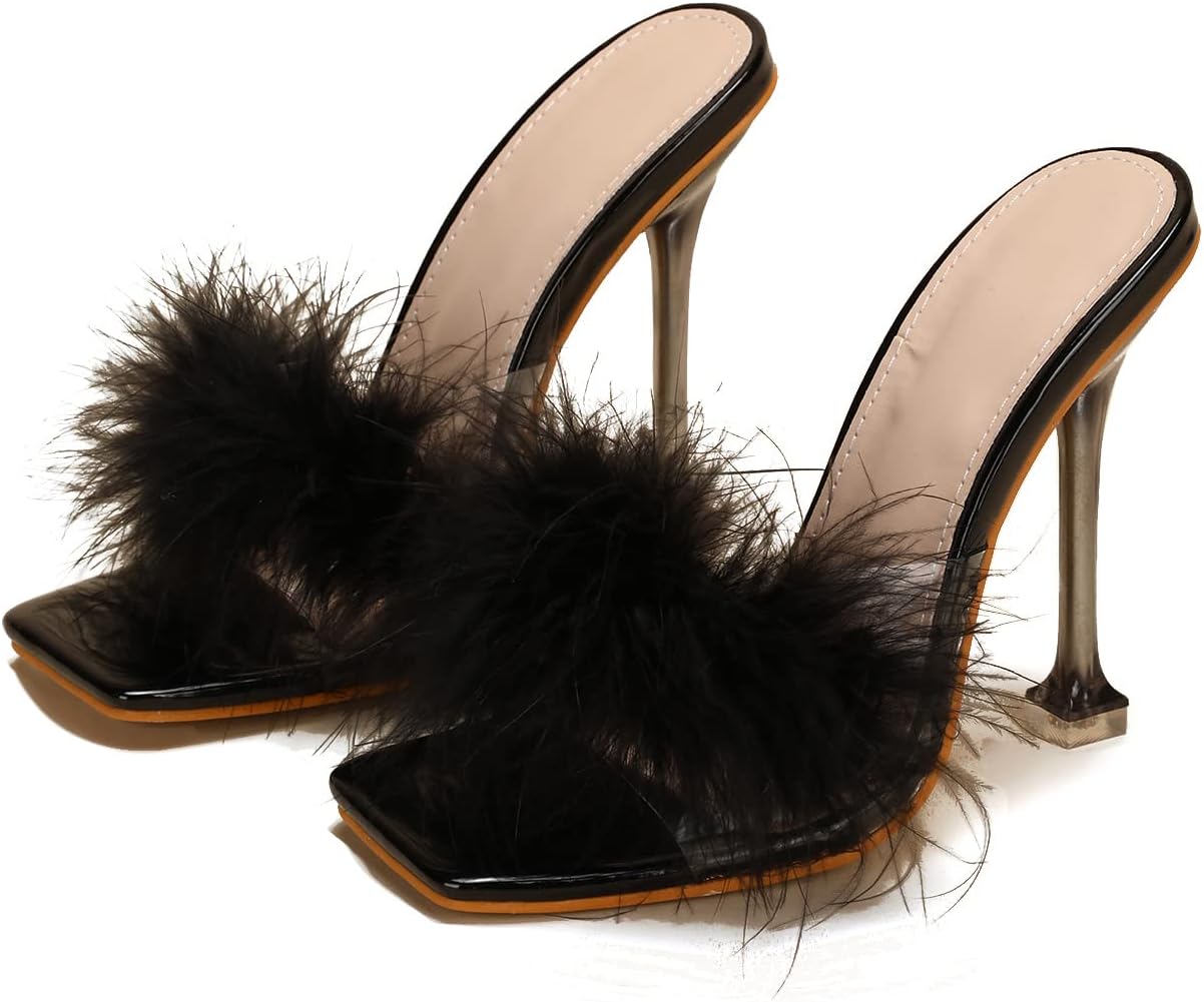 Women White Feather Clear PVC Slippers Square Toe Stilettos Slides Transparent Crystal High Heels Sandals Mules Party Shoes Glass Heels