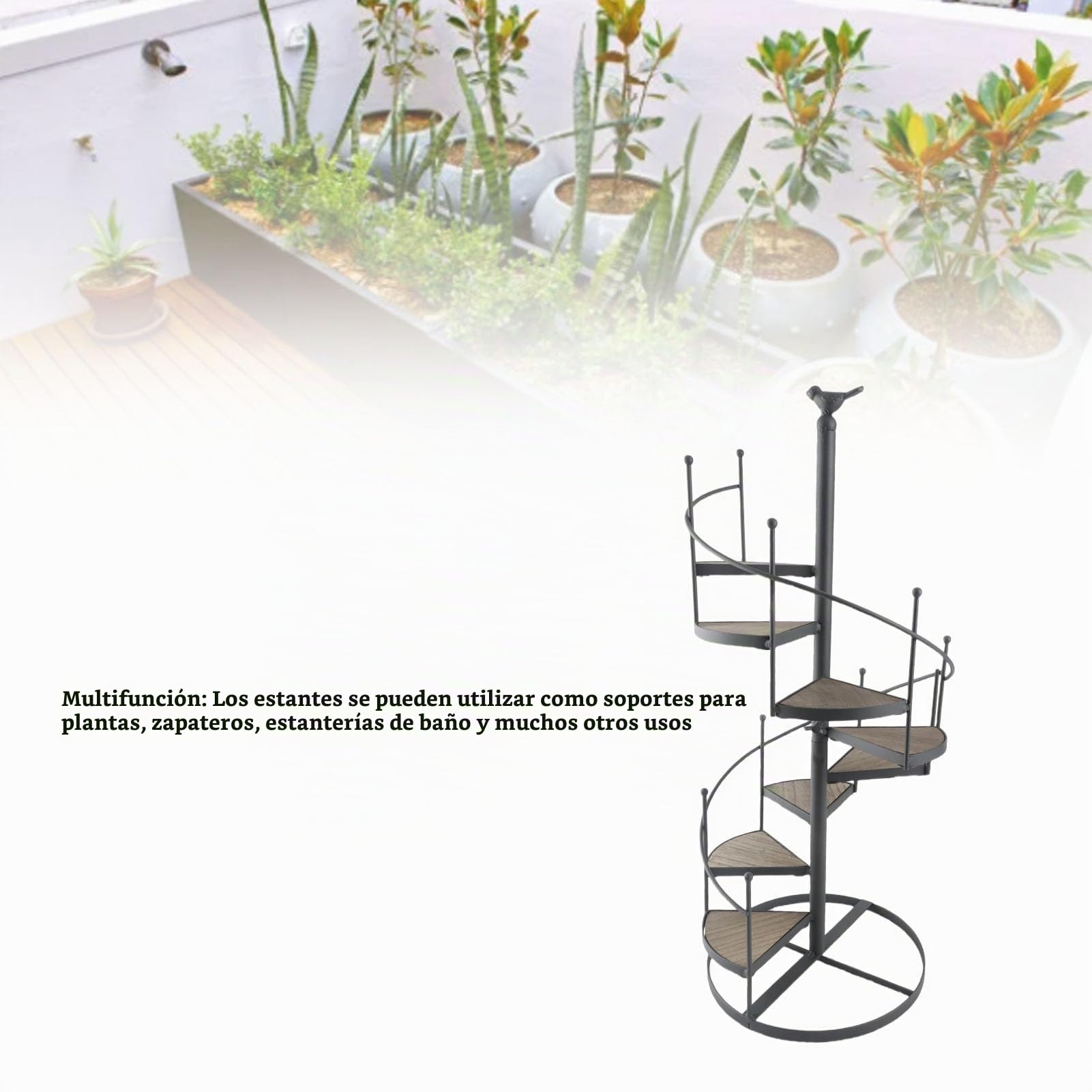 Estante Multifuncional para Plantas, Estante para Plantas de Hierro y Madera, Soporte para Plantas, Diseño Moderno de Escalera de Caracol, para Balcón y Sala de Estar, 23 X 56 Cm