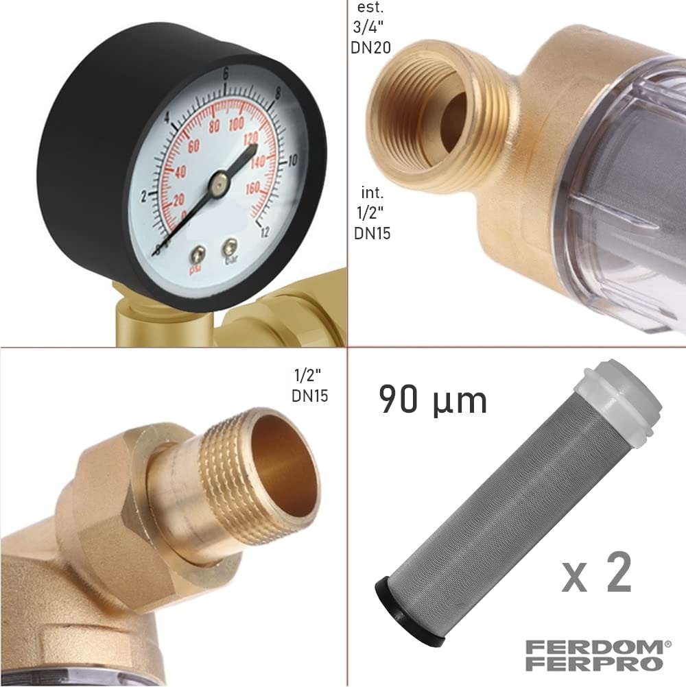 FERDOM FD180 Prefiltro Con Manómetro y Malla Extra. Filtro de Agua Purificador Giratorio, Reutilizable. Malla de Acero Inoxidable de 90 Mic, Con. 1/2 ”(3/4) Flujo Máximo 2,5m3 / H. Cabeza de Latón.