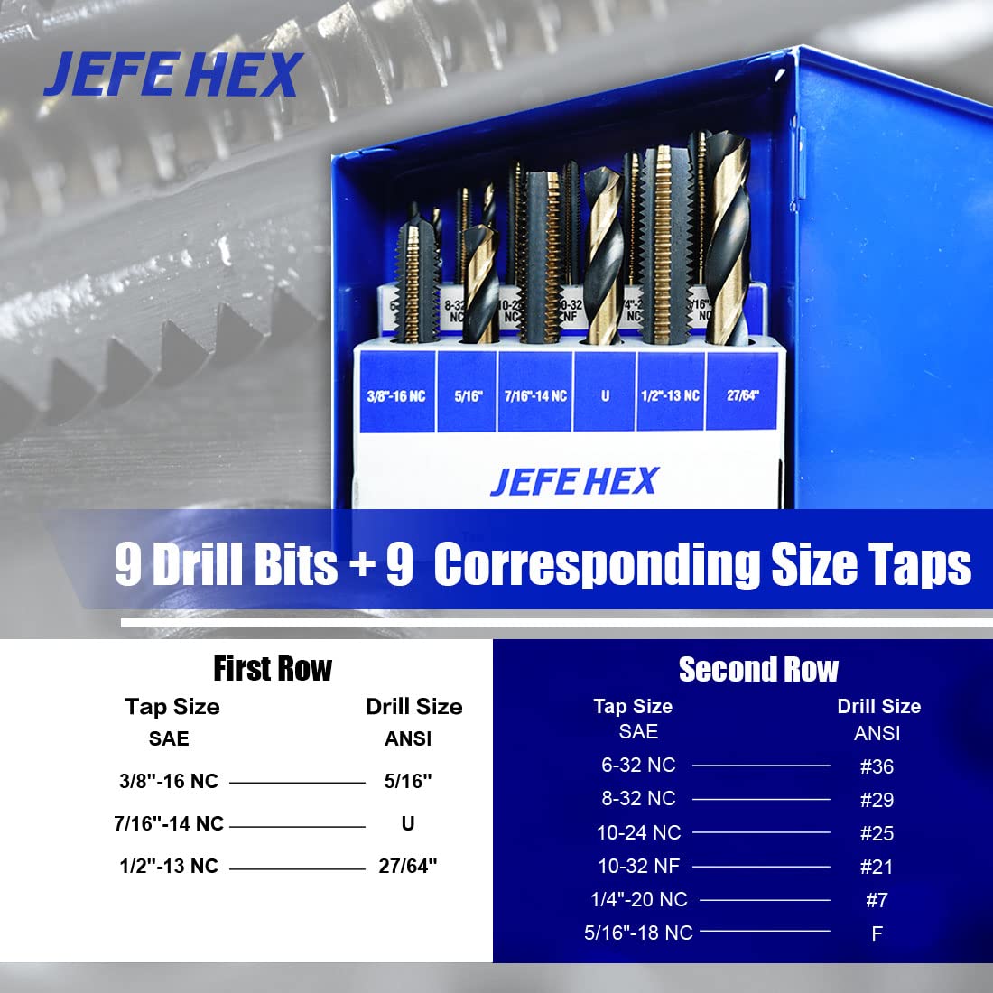 JEFEHEX 18pcs Drill and Tap Set with 1 Piece T-Handle Ratche -4