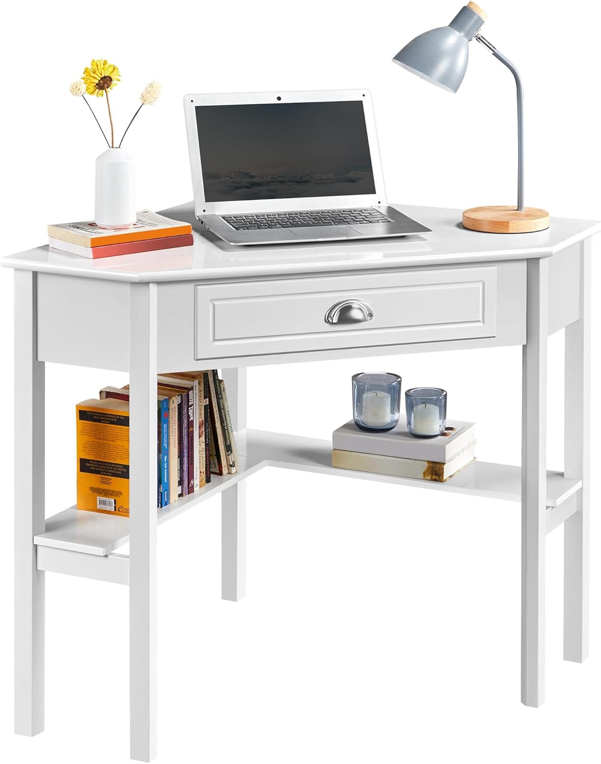Yaheetech Wood Triangle Computer Desk Corner Table with a laptop, books, and decorative items, demonstrating its use as a functional workstation.