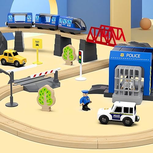 Miniatura 6 de Juego de pistas de tren de madera con pilas, juguete de alta velocidad para niños de 3, 4, 5 años, acoplamientos magnéticos para niños y niñas,