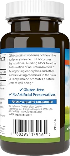 Miniatura 3 de Carlson DLPA DL-fenilalanina 500 mg Suplemento de apoyo al estado de ánimo, cognitivo y sistema nervioso - 60 cápsulas